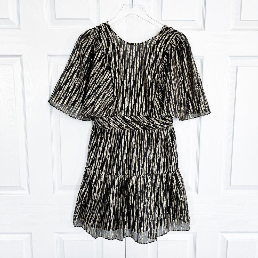 BCBGMAXAZRIA Black Gold Metallic Flutter Sleeve Ruffle Mini Dress Party Glam